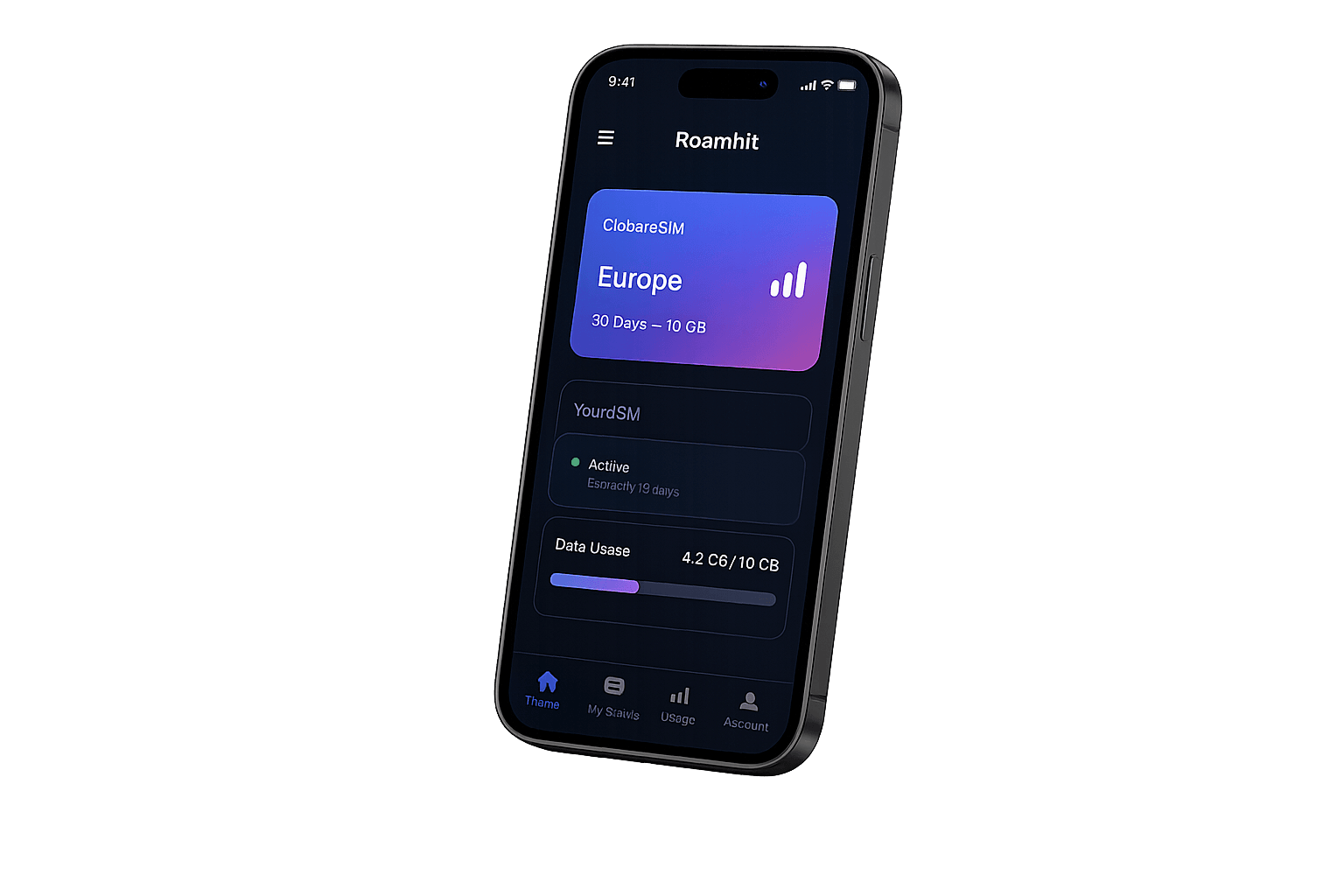 RoamKit mobile app showing Europe eSIM plan and data usage